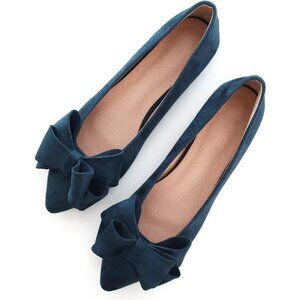 Women's Blue Bowknot Ballet Flats Pointy Toe Casual Flat Shoes Suede